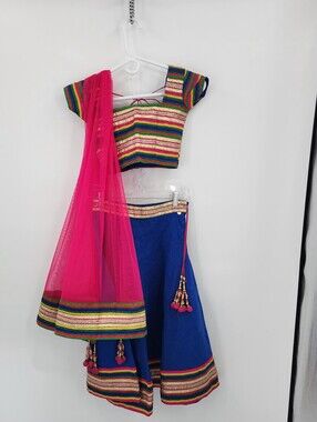 Vibrant Blue & Pink Ethnic Lehenga Choli Set w/ Dupatta Size 7 - 8 Years Old